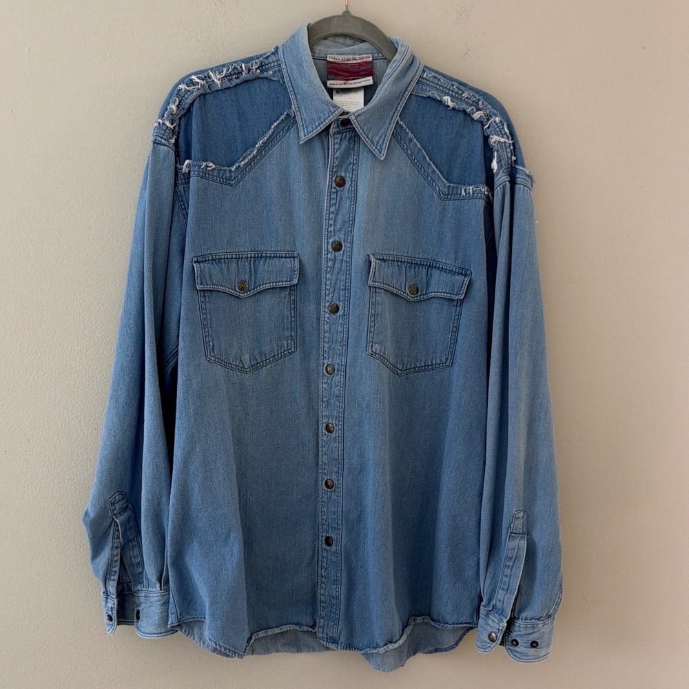 Urban Renewal Mens Distressed Western Denim‎ Shirt Vintage Fabric Light Blue S/M
